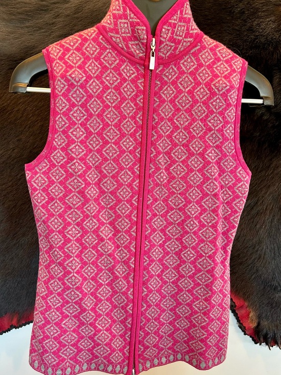 Eve Sweaters - Neve Nordic Merino Wool Pink Patterned Zip-Front Sleeveless Vest Sz S